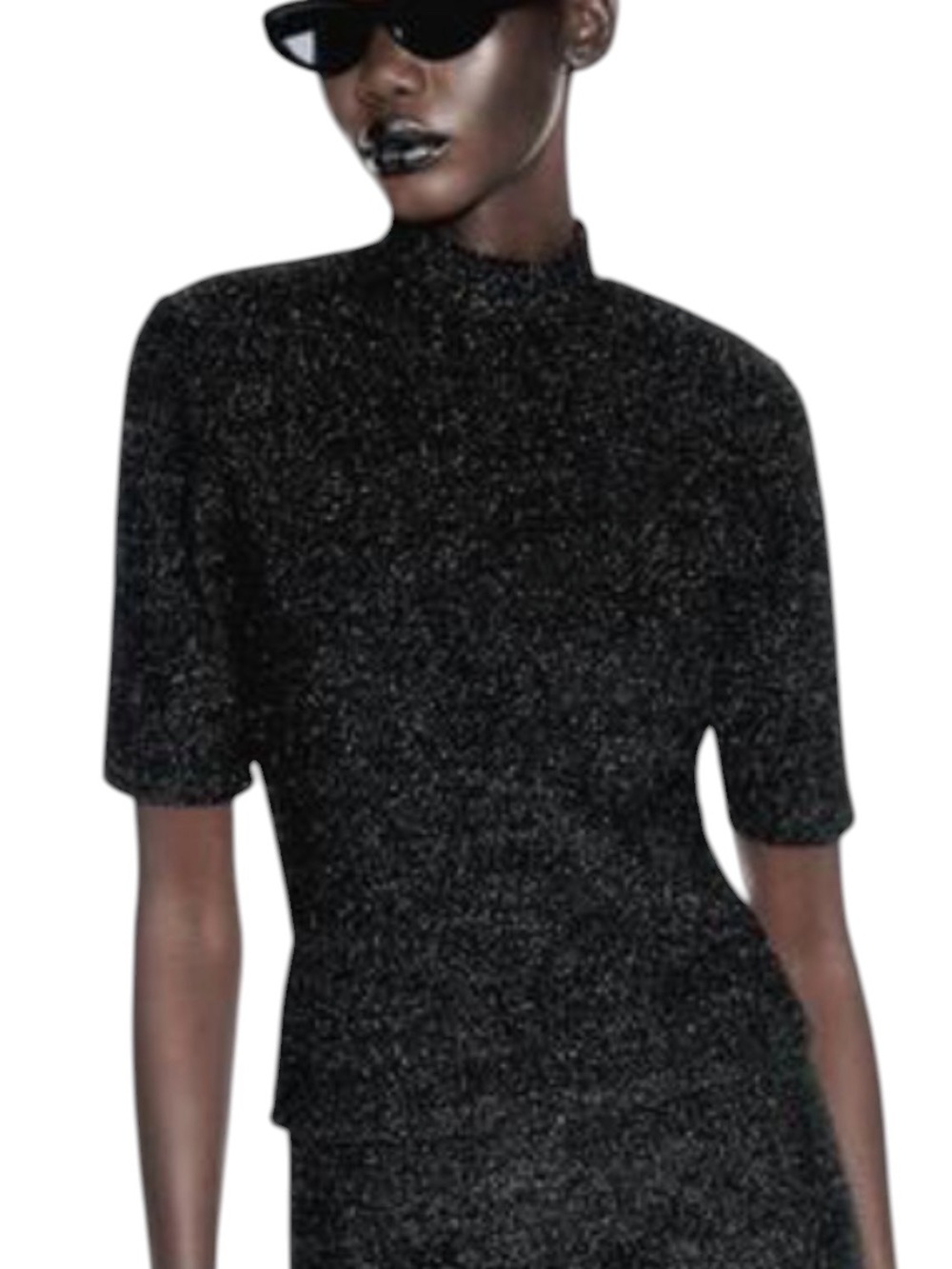 NEW Zara Black & Metallic Gold Boucle Knit Mockneck Short Sleeve Top Sweater - L